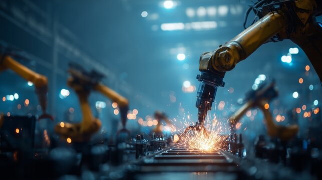 Night shift engineer oversees synchronized welding robots at automotive assembly line with cinematic sparks and precision workflow