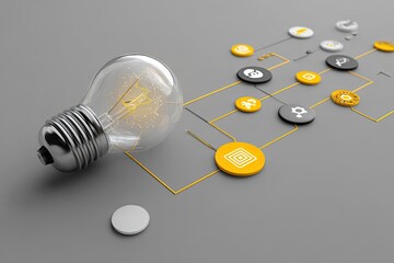 Conceptual illustration of an illuminated lightbulb, connected to abstract circular icons, on a gray background