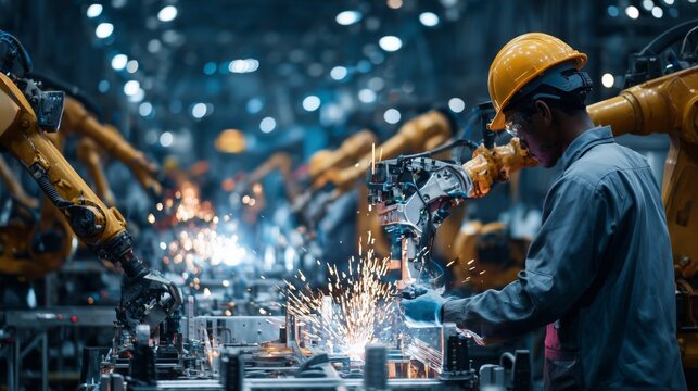 Night shift engineer supervises synchronized welding robots on automotive assembly line with sparks and precise workflow