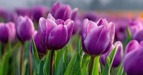 Close-up of vibrant purple tulips, dew-kissed, basking in soft light. Field visible