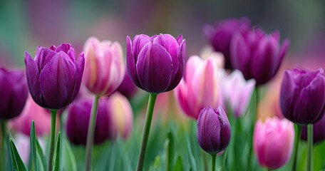 Obraz premium A close-up shot showcasing vibrant purple, pink, and white tulips in a soft-focus field