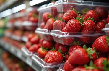 Fresh strawberries in clear plastic containers displayed on grocery store shelves. Ripe red berries packed for sale offer healthy food option. Market photo shows packed fresh fruit on retail.