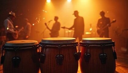 Close up view of conga drums on stage. Musicians play guitars and percussion in dimly lit atmosphere with warm spotlights, creating vibrant musical performance.
