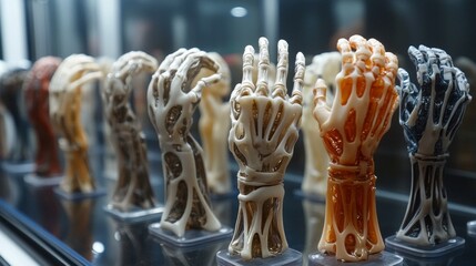 Multicolored models of the hand skeleton at an exhibition.
Suitable for educational materials on anatomy, medicine, prosthetic design, and articles on scientific achievements.