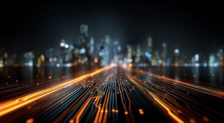 Abstract digital cityscape with glowing orange light trails and blurred background buildings