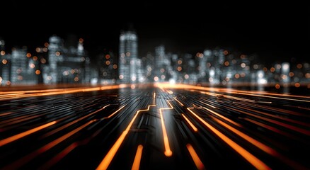 Futuristic city at night with glowing orange lines across a surface, blurred buildings background
