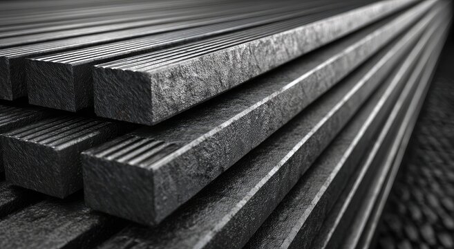Close-up of stacked, textured metal bars, gray with a subtle industrial aesthetic