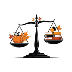 Black Balance Scale with Autumn Elements and Books Vector Art