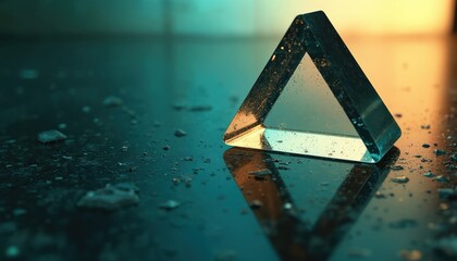 Triangle shaped clear prism rests on shiny wet surface with reflection. Modern crystal glass object shimmers in studio light with teal, gold colors. Abstraction conveys concept of physics optics.
