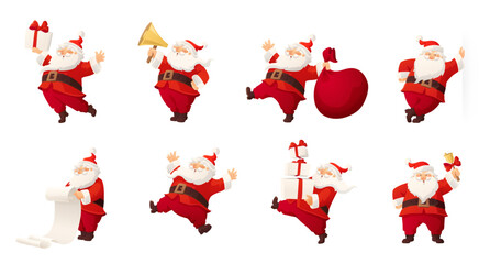 Сheerful Santa Claus characters holding gifts, ringing bell, carrying bag, shouting in megaphone, reading scroll, leaning, and jumping. For Christmas sale, announcements, and greeting cards. Vector.