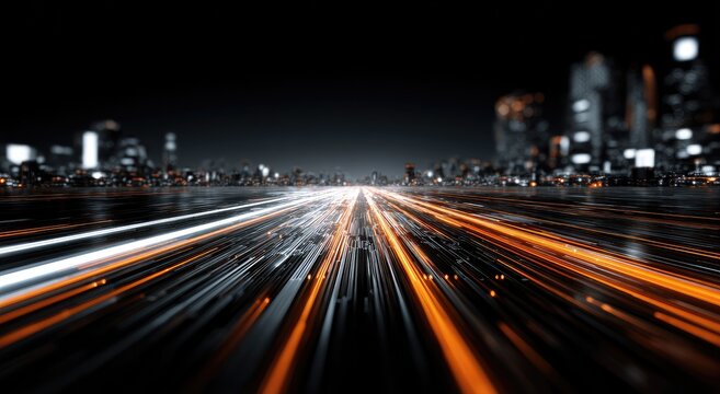 Cityscape with blurred trails of lights, showcasing a dynamic abstract view with skyscrapers