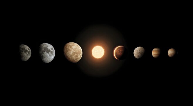 A stylized depiction of our solar system, featuring planets orbiting a radiant sun in space