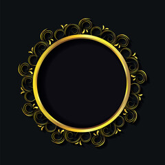 Gold vintage vector frame on black background with ornate floral illustration and antique decorative border design