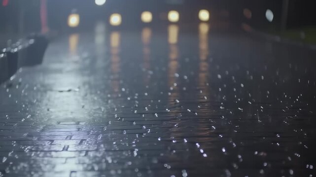 Wet cobblestones at night, rain falling