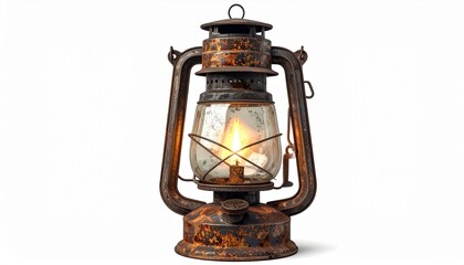 Rusted Kerosene Lantern with Lit Flame and Glass Enclosure Symbolizing Vintage Lighting Historical Utility and Atmospheric Storytelling for Editorial and Lifestyle Use