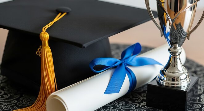 Graduation cap diploma and trophy symbolizing academic achievement and success