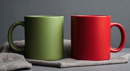A pair of brightly colored ceramic mugs, one green, one red, sit on a gray surface with fabric