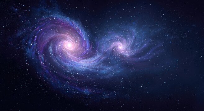 Swirling cosmic galaxies with celestial bodies, hues of pink, purple and blue in the void