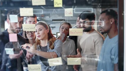 Diverse team of professionals brainstorming around glass board with sticky notes labeled plan, analysis, and product. Holographic diagrams and digital interface overlays showing strategy visualization - Powered by Adobe