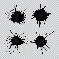 Black vector ink blot icon set featuring paint splash drops, liquid splatters, grunge stains, and decorative abstract silhouette design elements