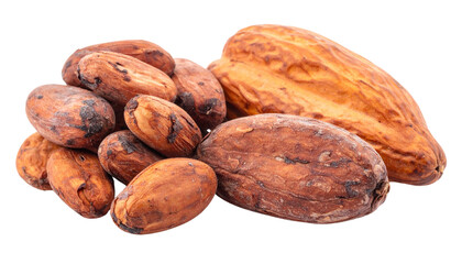 Two variations of raw cocoa bean arrangements isolated on transparent background
