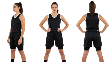 Female basketball player in plain black sleeveless jersey mockup on transparent background