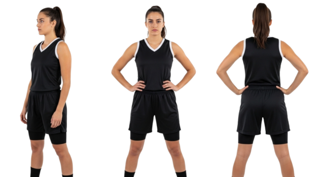 Female basketball player in plain black sleeveless jersey mockup on transparent background