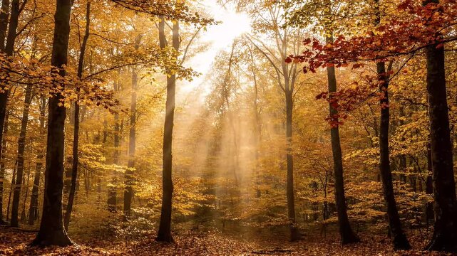 Sunbeams Pierce Through Autumn Forest Canopy in Golden Light fall woods