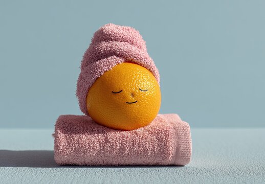 An orange with closed eyes, towel, and a head covering against a blue background
