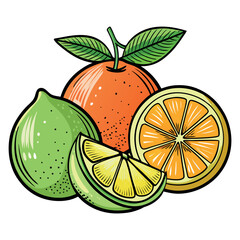 Colorful citrus fruit illustration featuring oranges, lemons, and limes with fresh green leaves, drawn in a vibrant cartoon