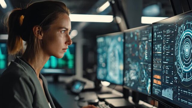 AI-powered Productivity Hub, modern industrial workplace where engineers use holographic analytics to optimize production.