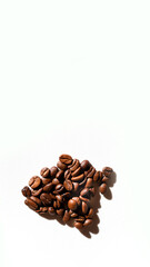 a coffee shop advertisement. coffee beans, using a white background to create a clean, minimalist aesthetic that emphasizes the roast and caffeine. Coffee beans on white vertical background