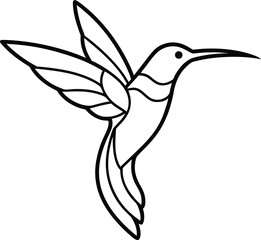 Elegant black and white line drawing of a hummingbird in flight with wings spread wide. hummingbird logo icon.