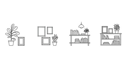 Naklejka premium Minimalist line art depicting indoor plants frames and bookshelf decor