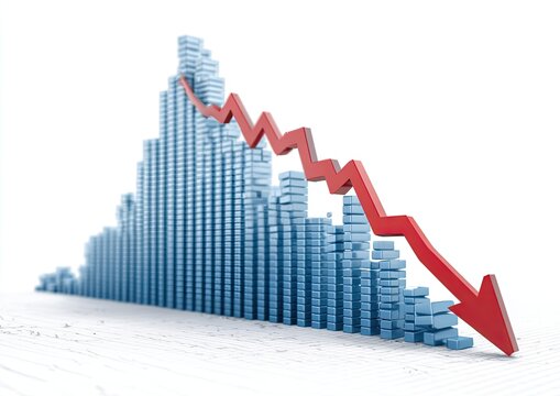 A 3D rendered financial concept depicts an illustrative downward trend with a declining bar graph