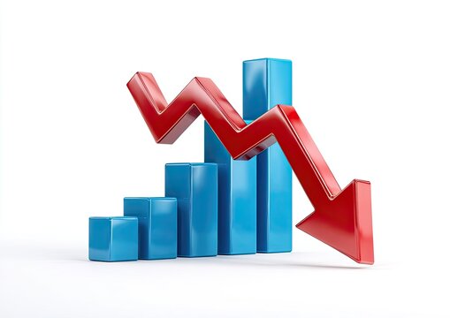 A vibrant rendering depicts a series of blue ascending bars with a downward-pointing red arrow