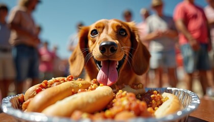 Happy brown dog with tongue out stares at a foil tray of hot dogs. Pet looks excited to eat chili dogs at an outdoor summer event. People watch in background. Fun animal competition.