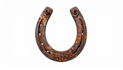 Rusted Horseshoe with Corroded Surface and Nail Holes on White Background Symbolizing Luck Equestrian Heritage and Material Aging for Editorial and Lifestyle Use