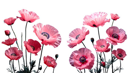 Vibrant pink poppies on blue background isolated on transparent background