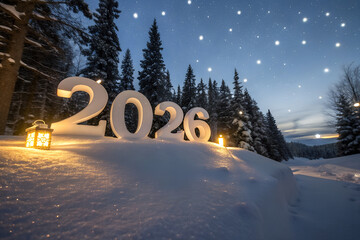 “2026” in glowing white numerals on snowy ground with lanterns and pine trees—celebrating new beginnings with warmth, peace, and winter magic.   generative ai