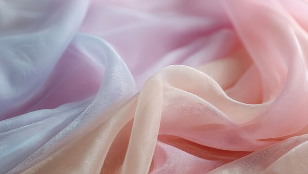 Close-up of delicate, layered sheer fabric in soft pastel pink, peach, and blue hues