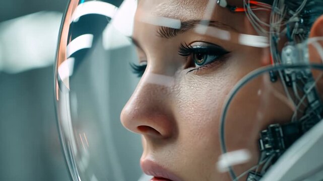 An employee in a futuristic lab, a scene of skill virtualization and advanced training.