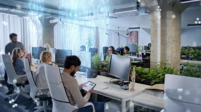 People working in modern eco-friendly office using computers and tablets surrounded by plants. Blue holographic data streams rising into digital cloud. Symbolizing cloud computing and connectivity. - Powered by Adobe