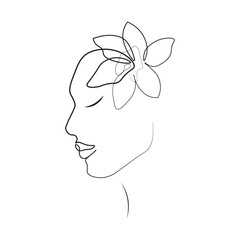 Women calm face with flower one line illustration