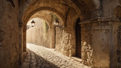 Obraz premium A sunlit, aged stone archway opens onto a cobblestone street in a European-style town
