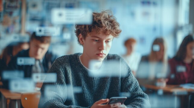 Teen student distracted by smartphone during class in modern school with digital notifications affecting focus and attention