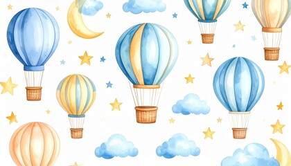 Watercolor Hot Air Balloons, Clouds, Stars, and Moon Seamless Pattern