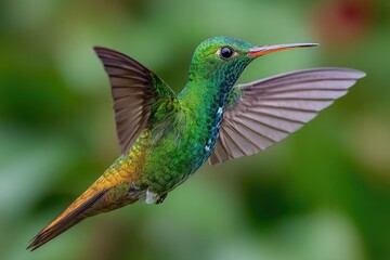 Fototapeta premium A vibrant, emerald-green hummingbird in mid-flight, wings spread, with colorful plumage