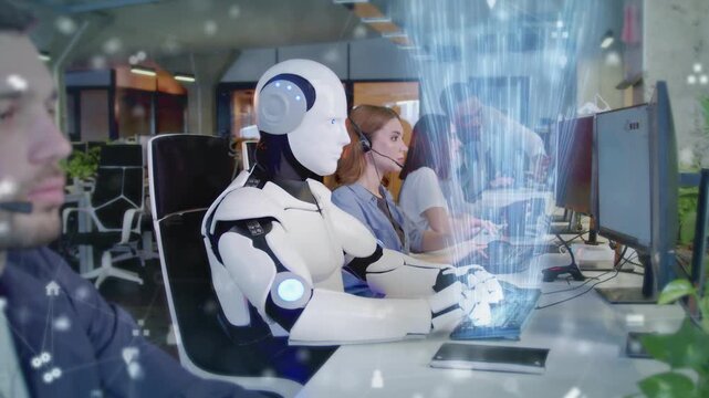 Humanoid robot working at computer with holographic interface in modern office. Female operator wearing headset sitting nearby. Colleagues collaborating behind discussing tech project. Indoors.