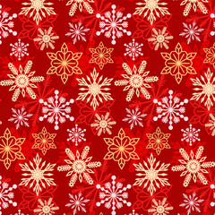 A cute snowflake pattern on a red background. Symbols of Christmas and New Year. Winter wallpaper and festive wrapping paper for the holidays.